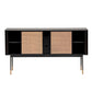59" Black And Natural Wood Two Drawer Sideboard with Two Sliding Doors