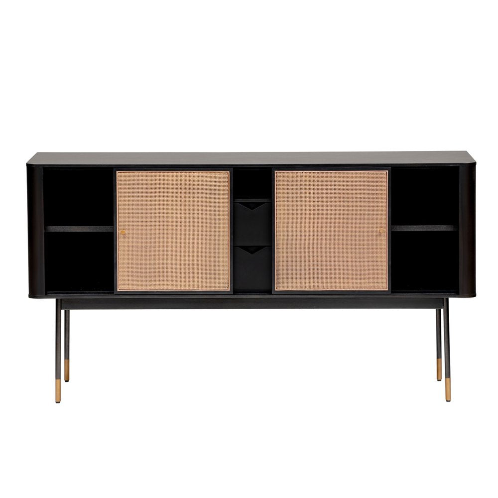 59" Black And Natural Wood Two Drawer Sideboard with Two Sliding Doors