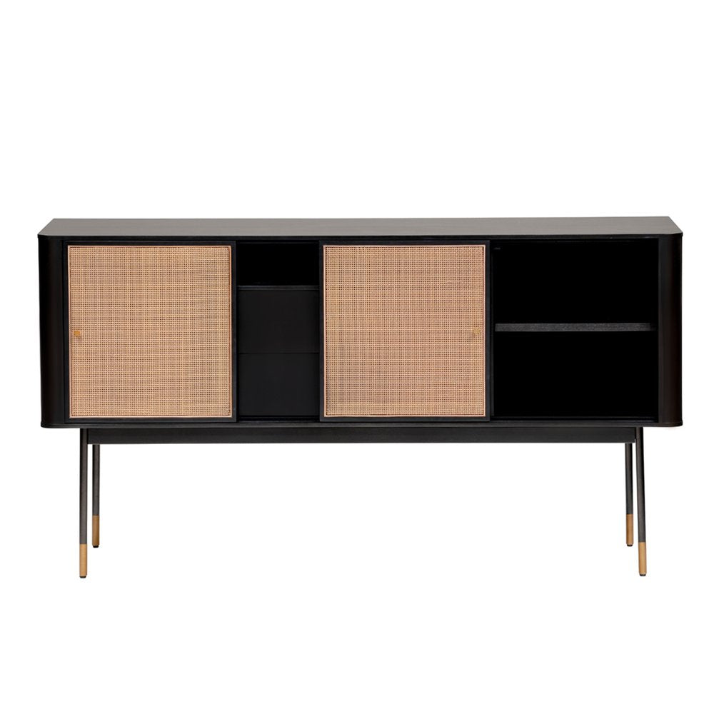59" Black And Natural Wood Two Drawer Sideboard with Two Sliding Doors