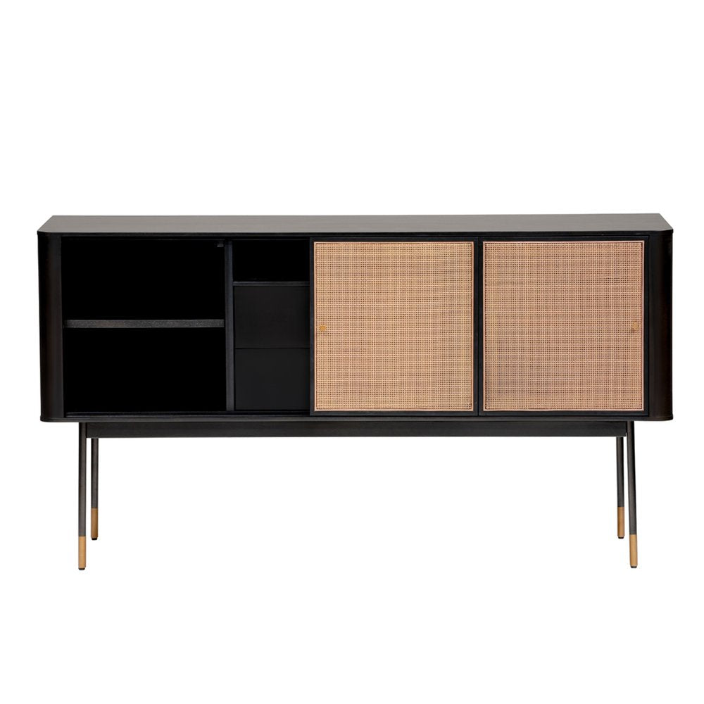 59" Black And Natural Wood Two Drawer Sideboard with Two Sliding Doors