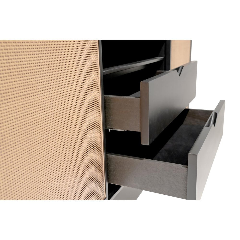 59" Black And Natural Wood Two Drawer Sideboard with Two Sliding Doors