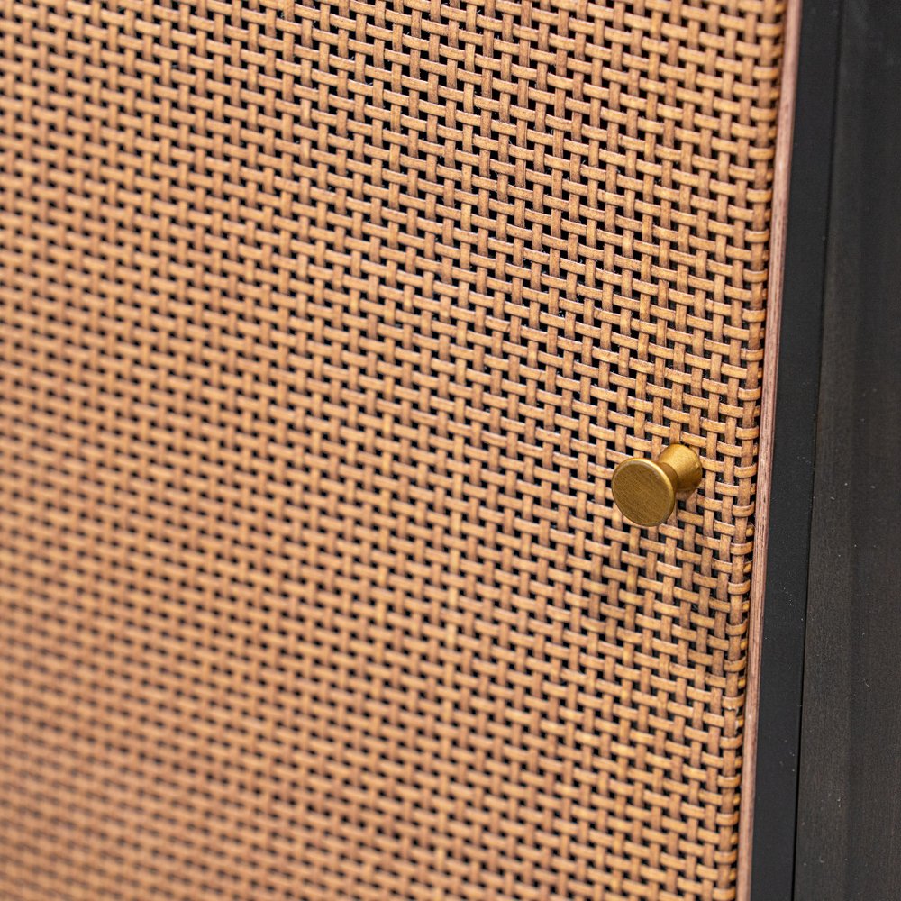 59" Black And Natural Wood Two Drawer Sideboard with Two Sliding Doors