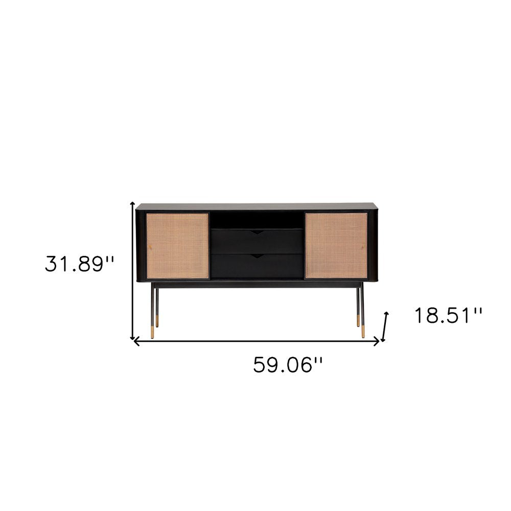 59" Black And Natural Wood Two Drawer Sideboard with Two Sliding Doors