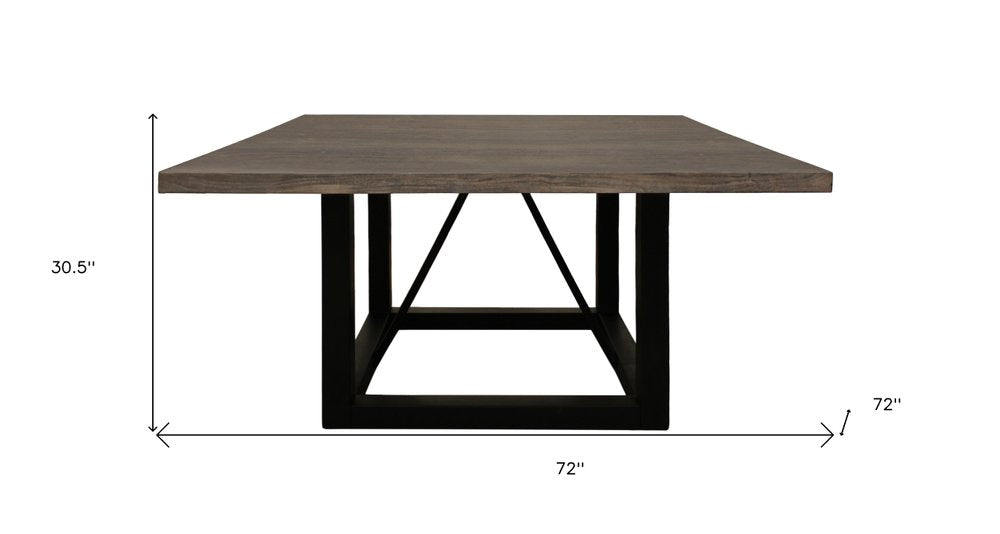 72" Dark Brown and Black Solid Wood And Iron Frame Base Square Dining Table