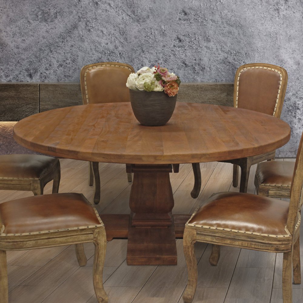 58" Brown Solid Wood Pedestal Base Round Top Dining Table