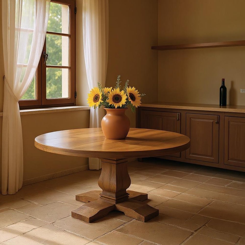 58" Brown Solid Wood Pedestal Base Round Top Dining Table