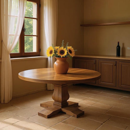 58" Brown Solid Wood Pedestal Base Round Top Dining Table