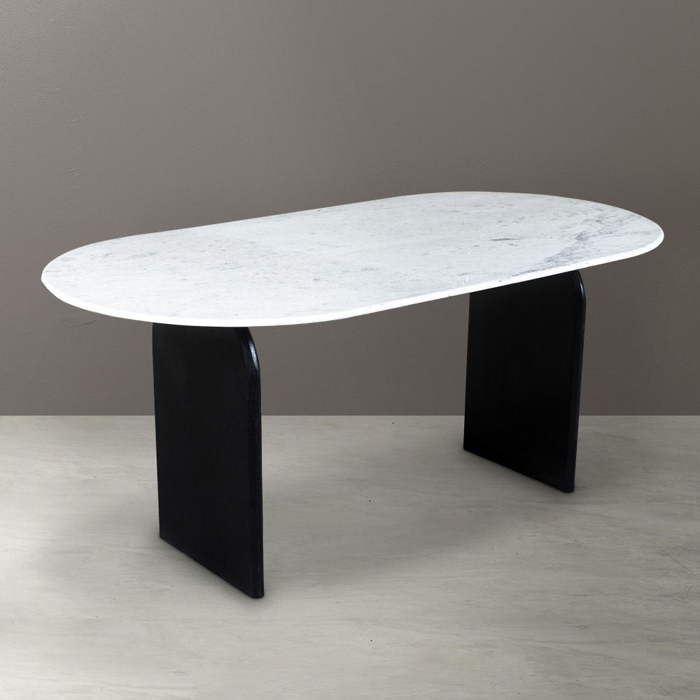 72" White and Black Marble And Solid Wood Sled Base Oval Dining Table
