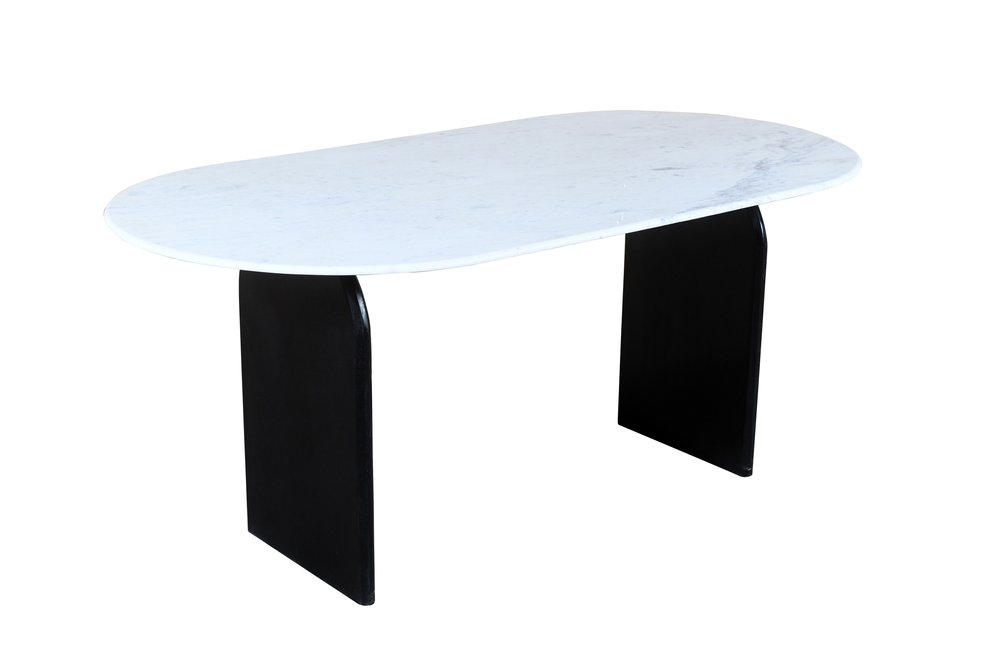 72" White and Black Marble And Solid Wood Sled Base Oval Dining Table