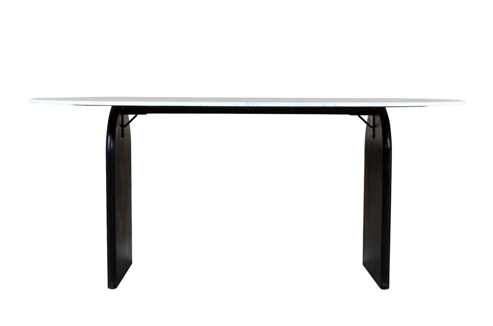 72" White and Black Marble And Solid Wood Sled Base Oval Dining Table