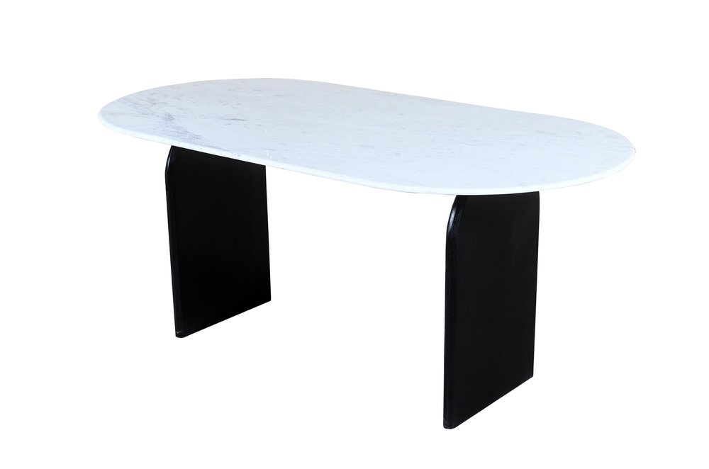 72" White and Black Marble And Solid Wood Sled Base Oval Dining Table