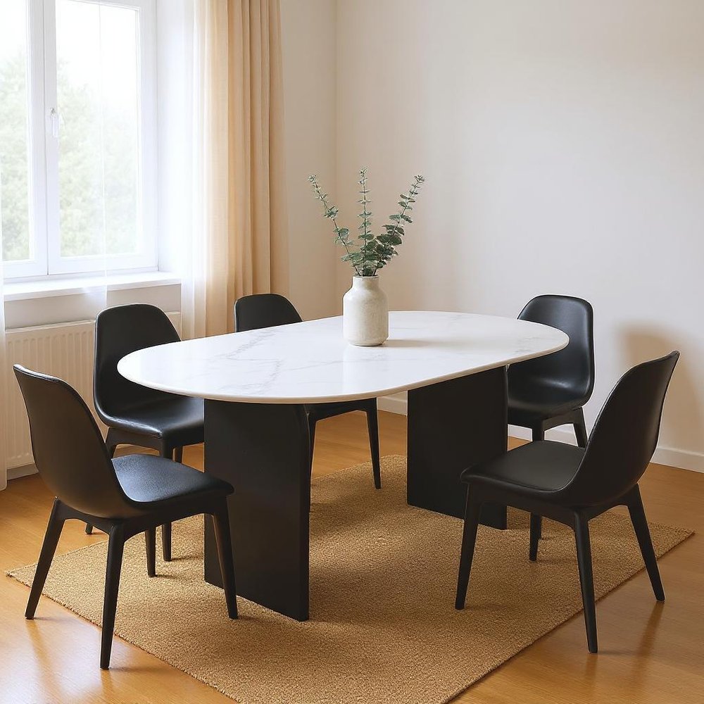 72" White and Black Marble And Solid Wood Sled Base Oval Dining Table