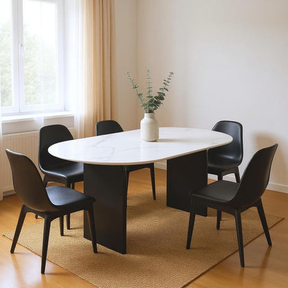 72" White and Black Marble And Solid Wood Sled Base Oval Dining Table