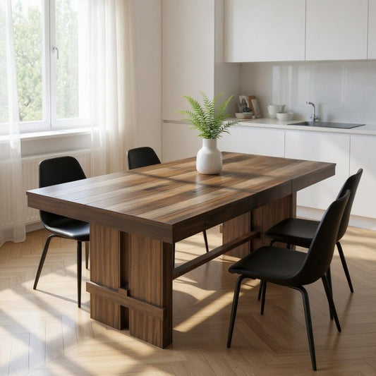 84" Dark Brown Wood Self-Storing Leaf Trestle Base Extension Dining Table