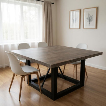 60" Dark Brown and Black Solid Wood and Iron Frame Base Square Dining Table