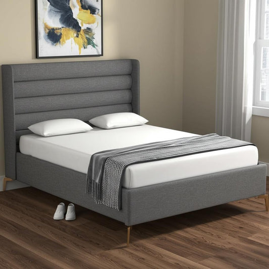 Gray Linen Upholstered King Bed Frame