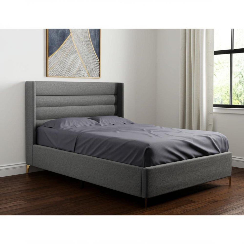 Gray Linen Upholstered King Bed Frame