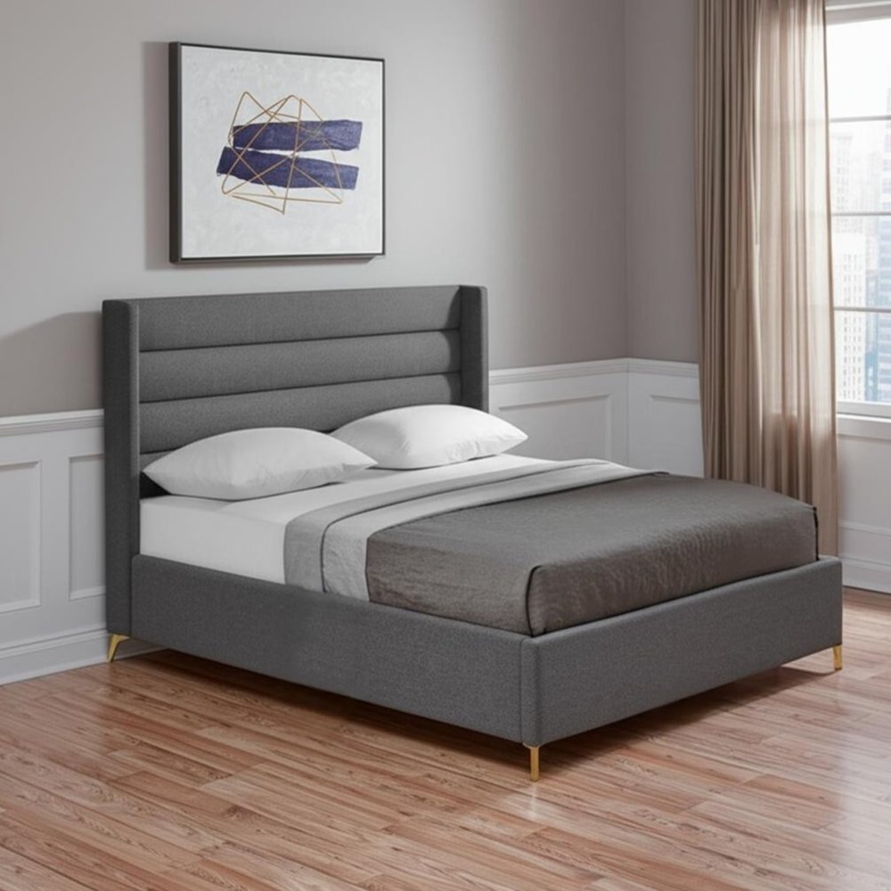 Gray Linen Upholstered King Bed Frame