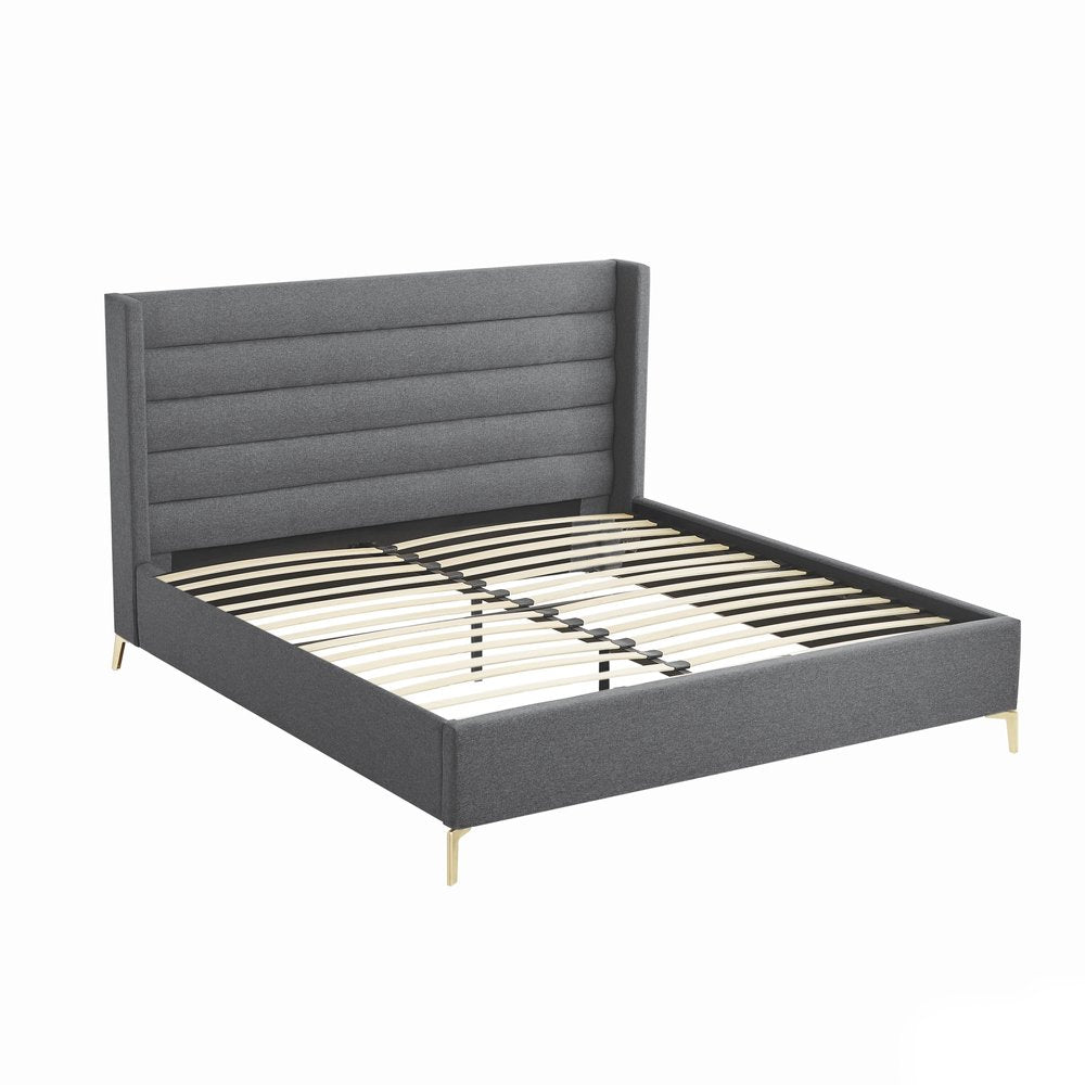 Gray Linen Upholstered King Bed Frame