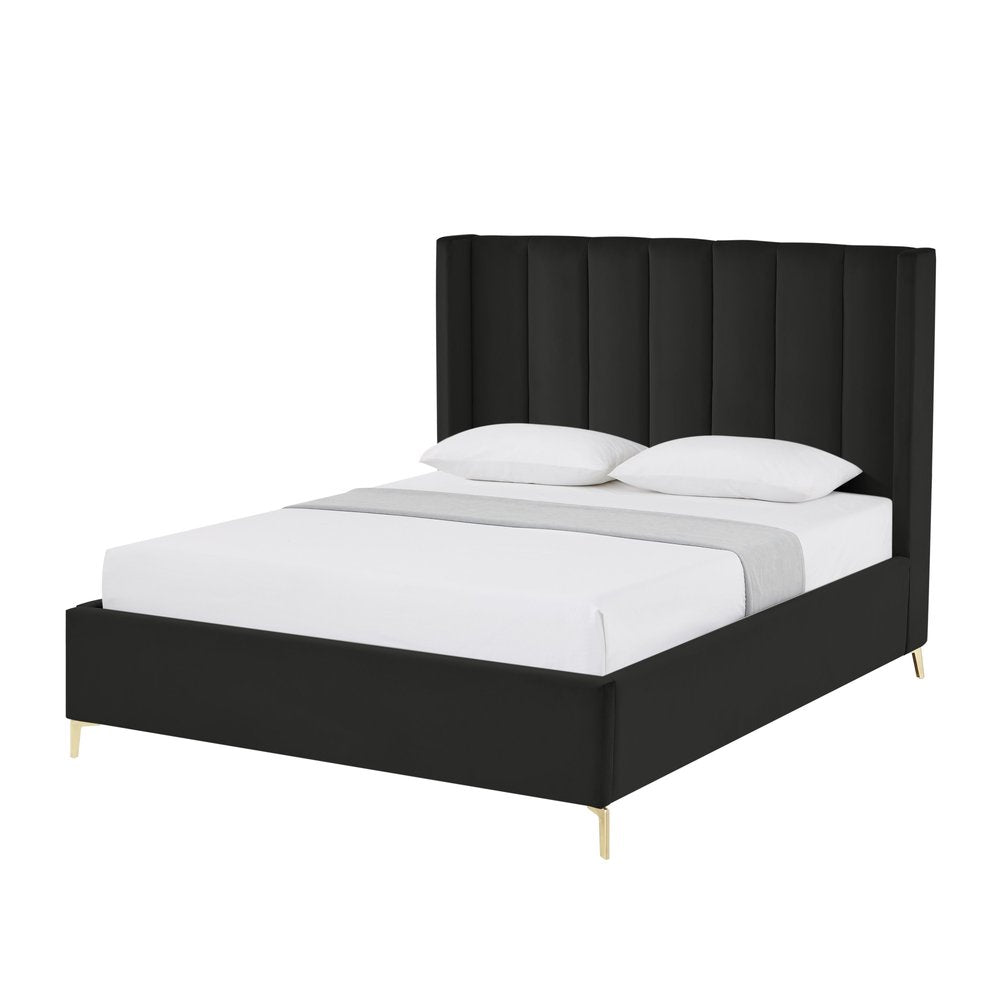 Black Velvet Upholstered Queen Bed Frame