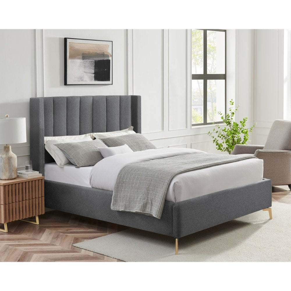 Gray Linen Upholstered King Bed Frame