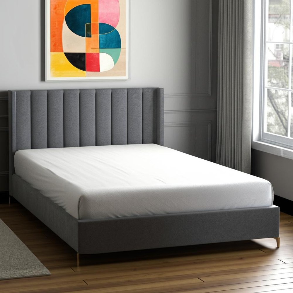 Gray Linen Upholstered King Bed Frame