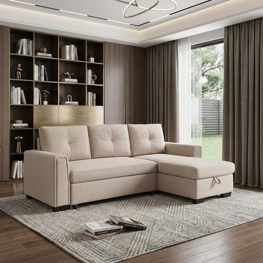 92" Beige Polyester Blend Convertible Futon Sleeper Sofa With Black Legs