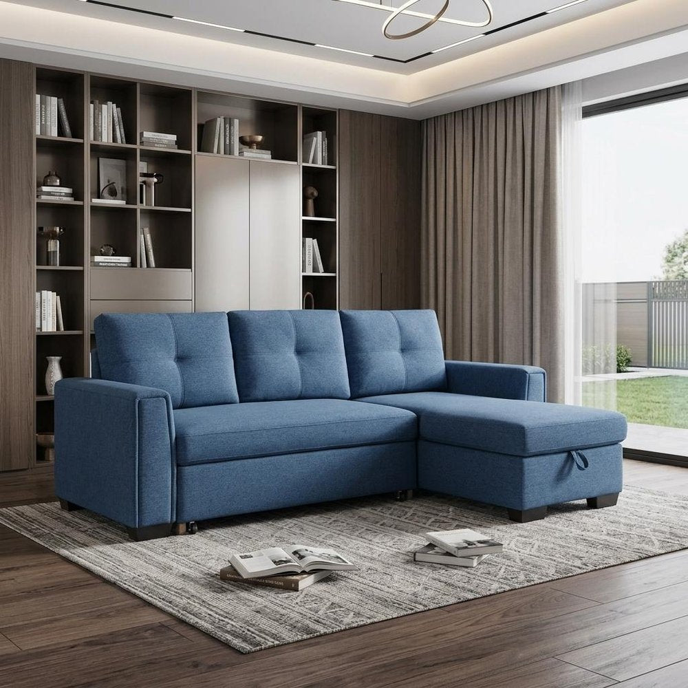 92" Blue Polyester Blend Convertible Futon Sleeper Sofa With Black Legs