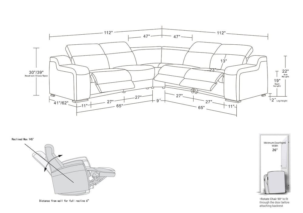 Dark Gray Italian Leather Power Reclining L Shaped Five Piece Corner Sectional