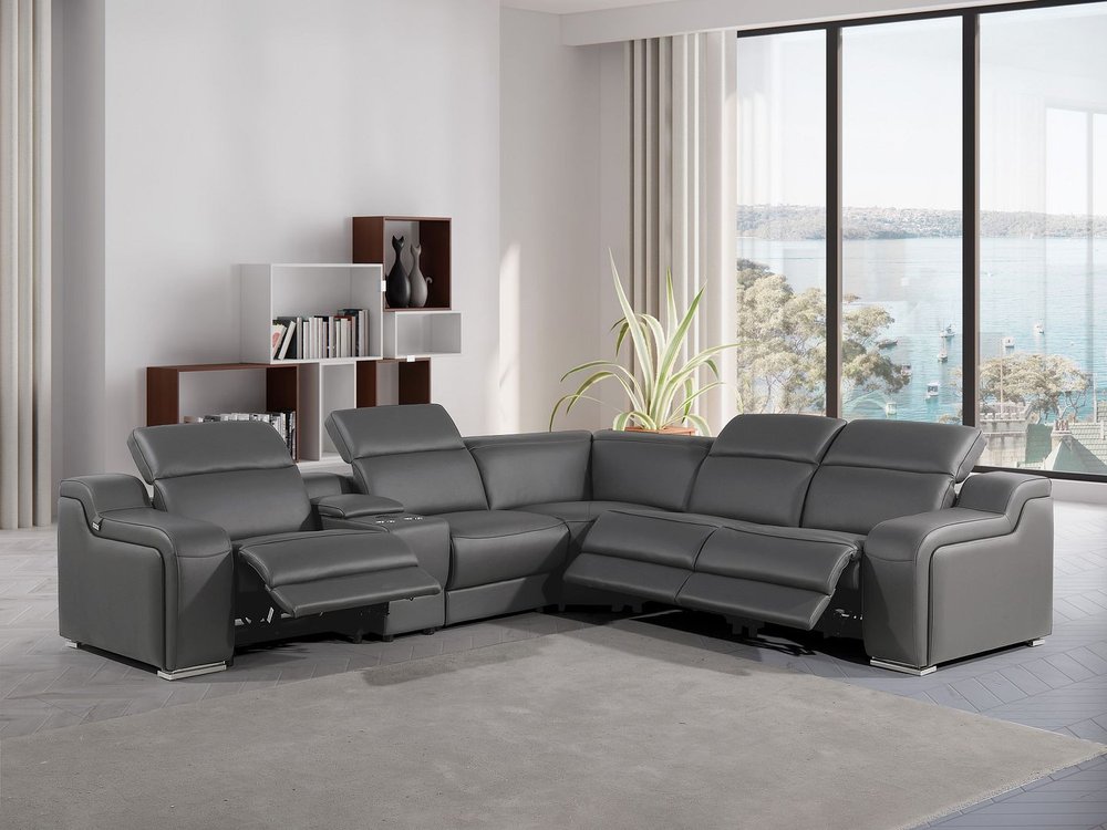 Dark Gray Italian Leather Power Reclining L Shaped Six Piece Corner Sectional With Console