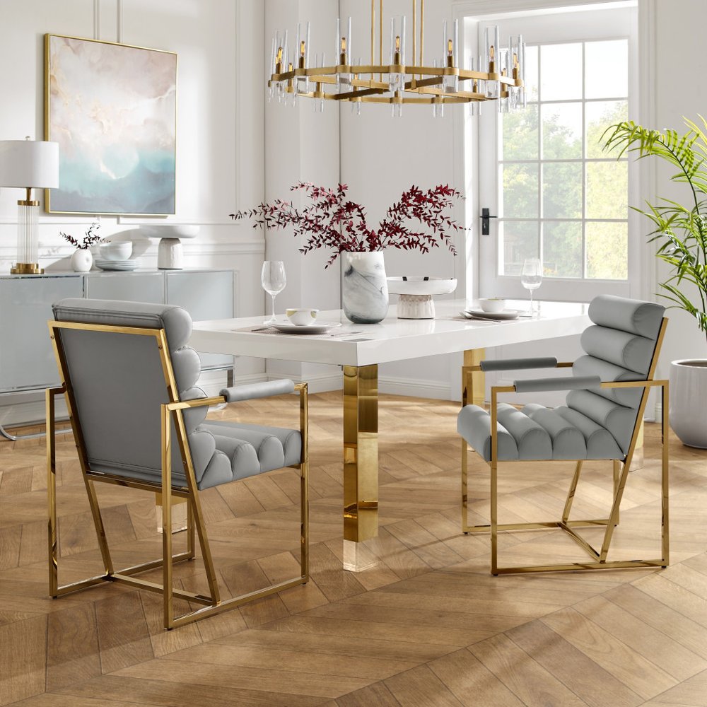 Set of Two Tufted Gray And Silver Metallic Upholstered Faux Leather Dining Arm Chairs