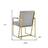 Set of Two Tufted Gray And Silver Metallic Upholstered Faux Leather Dining Arm Chairs