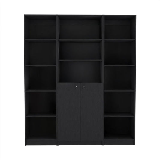 Set of Three Black Five Tier Bookcases with Two Doors