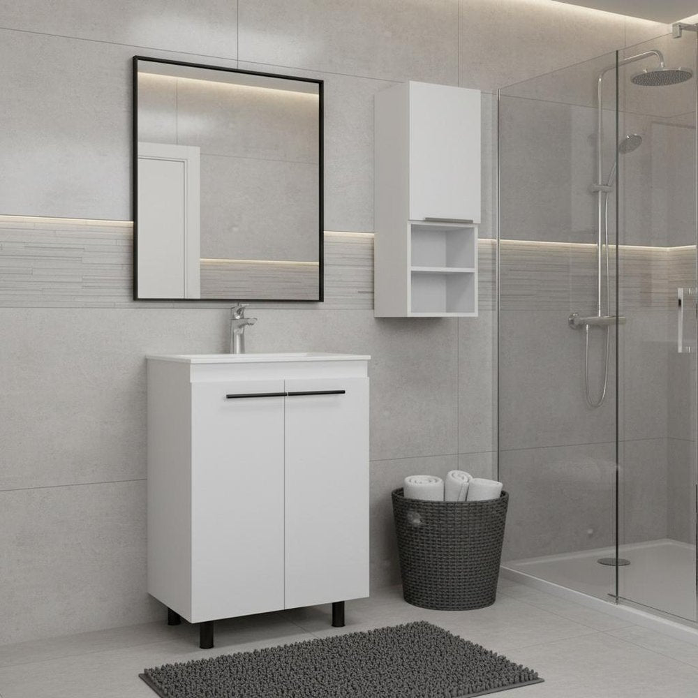 24" White Wood Freestanding Bathroom Vanity With Sink And Medicine Cabinet