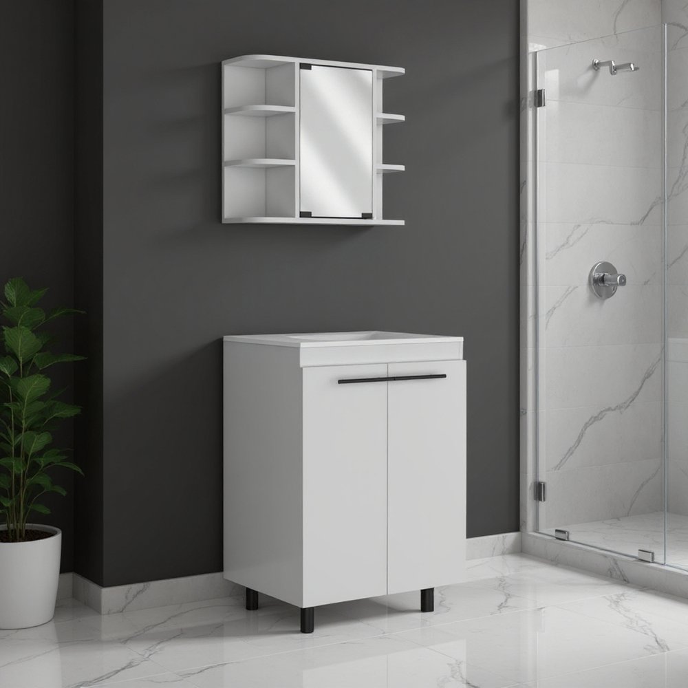 24" White Wood Freestanding Bathroom Vanity With Sink And Medicine Cabinet With Mirror