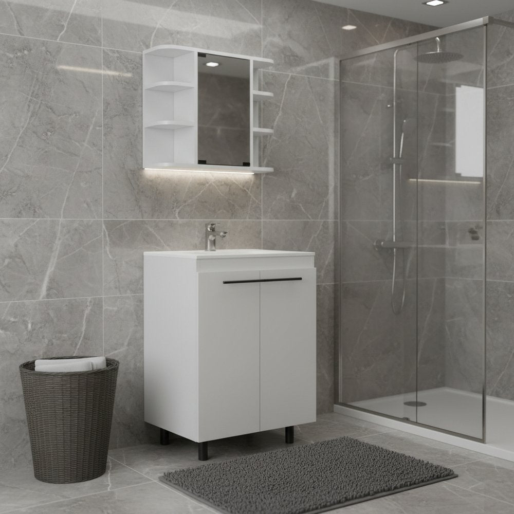 24" White Wood Freestanding Bathroom Vanity With Sink And Medicine Cabinet With Mirror