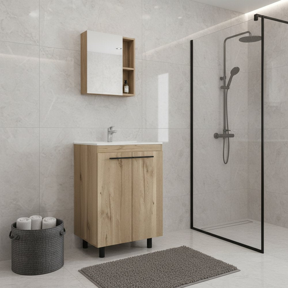 18" Natural Wood Freestanding Bathroom Vanity With White Sink And Medicine Cabinet With Mirror