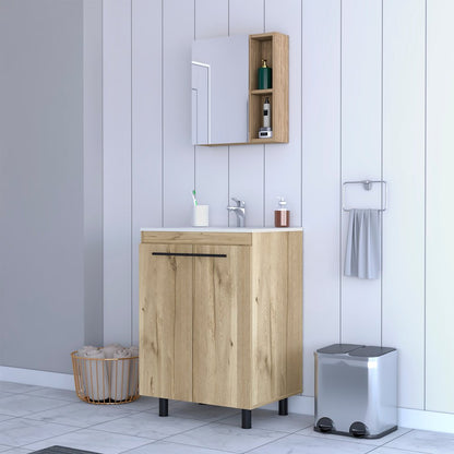 18" Natural Wood Freestanding Bathroom Vanity With White Sink And Medicine Cabinet With Mirror