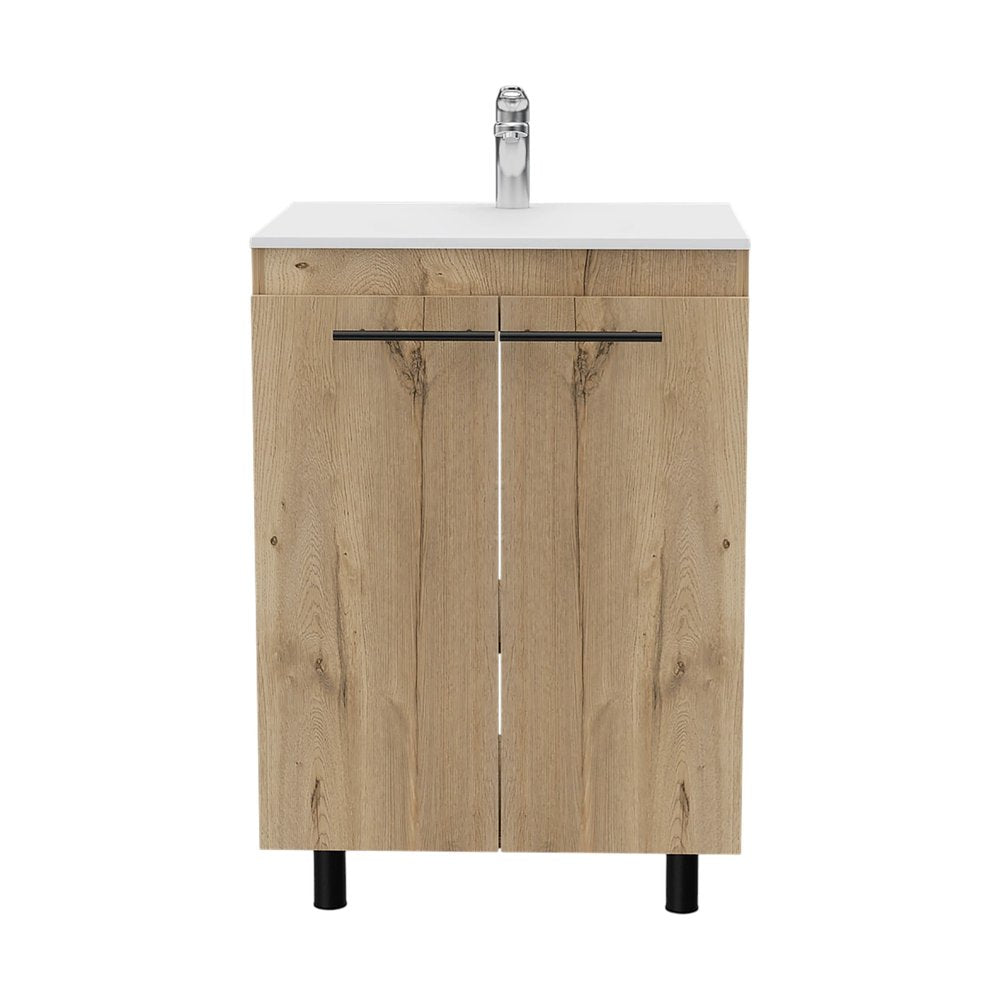 18" Natural Wood Freestanding Bathroom Vanity With White Sink And Medicine Cabinet With Mirror