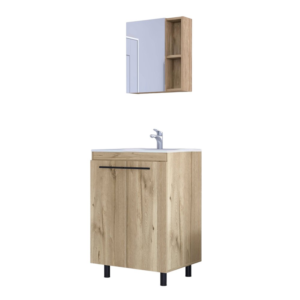 18" Natural Wood Freestanding Bathroom Vanity With White Sink And Medicine Cabinet With Mirror