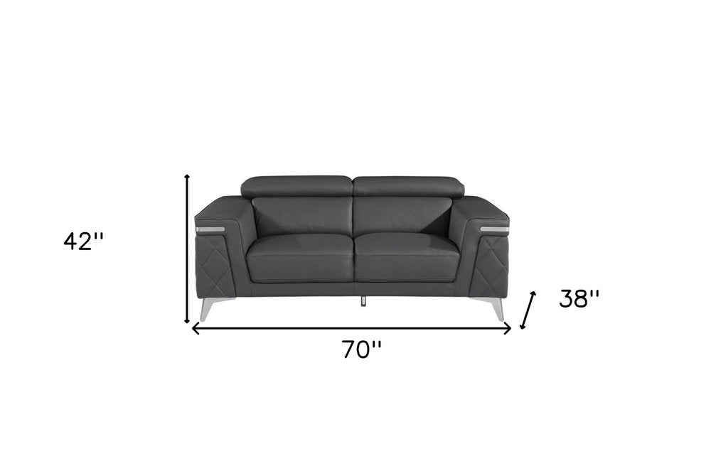 70" Dark Gray And Silver Metallic Leather Loveseat