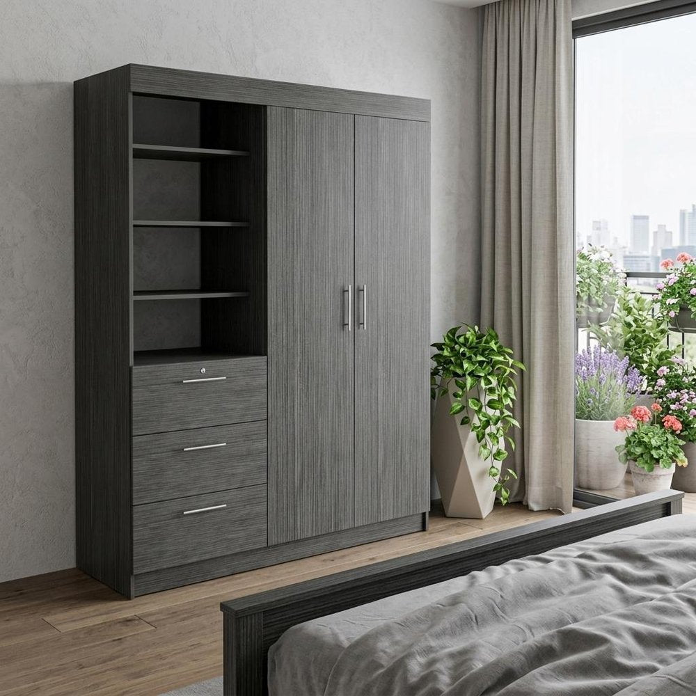 79" Gray Wood Two Door Three Drawer Combo Dresser