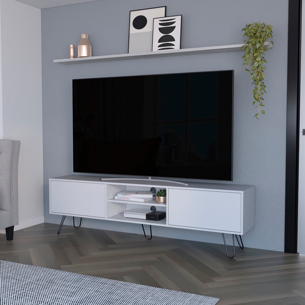 71" White Cabinet Open And Enclosed Storage TV Stand