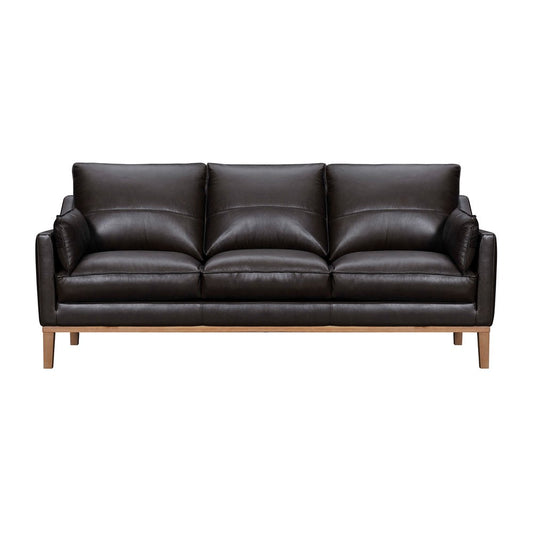 87" Dark Brown Leather Sofa And Toss Pillows With Brown Legs