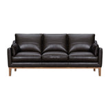 87" Dark Brown Leather Sofa And Toss Pillows With Brown Legs