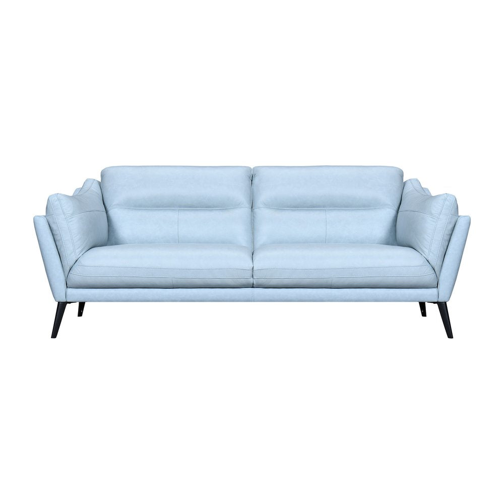 87" Sky Blue Leather Sofa With Black Legs