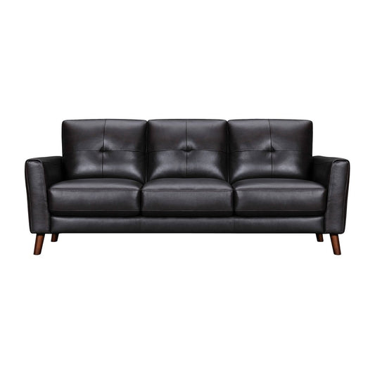 82" Black Leather Sofa With Brown Legs