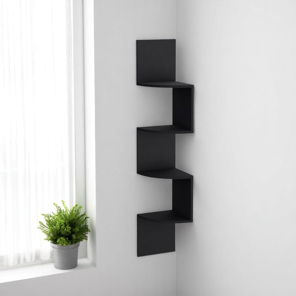 52" Black Wood Wall Mounted Corner Shelf