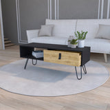 41" Black and Oak Wood and Metal Coffee Table With Drawer And Shelf