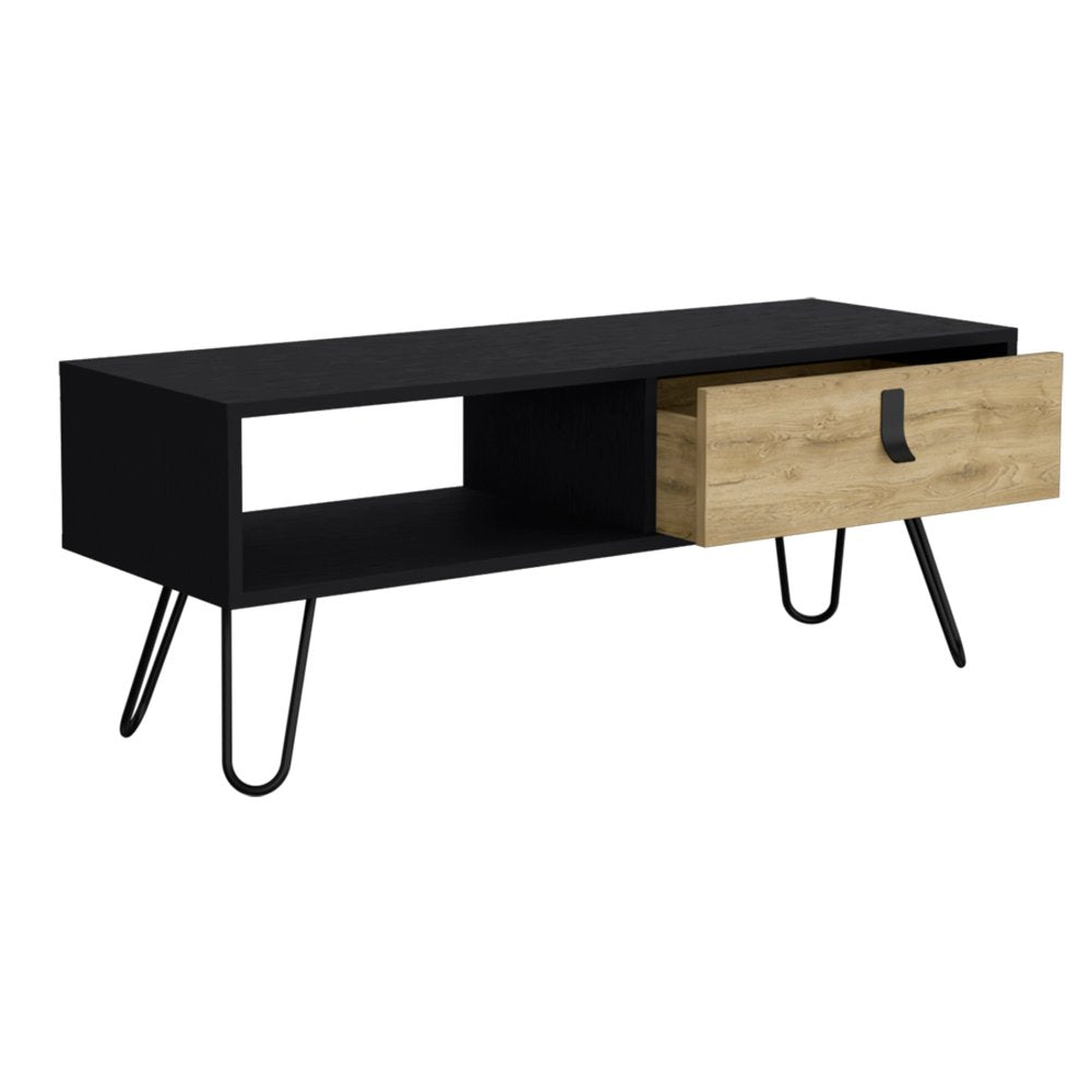 41" Black and Oak Wood and Metal Coffee Table With Drawer And Shelf